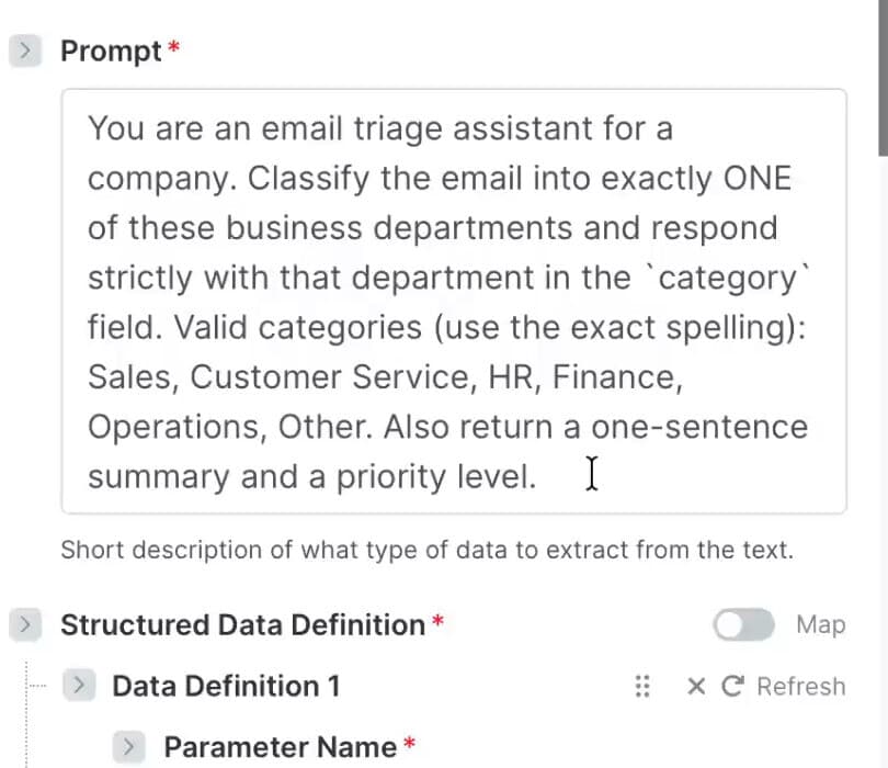 The classification prompt and the start of the structured field definitions.