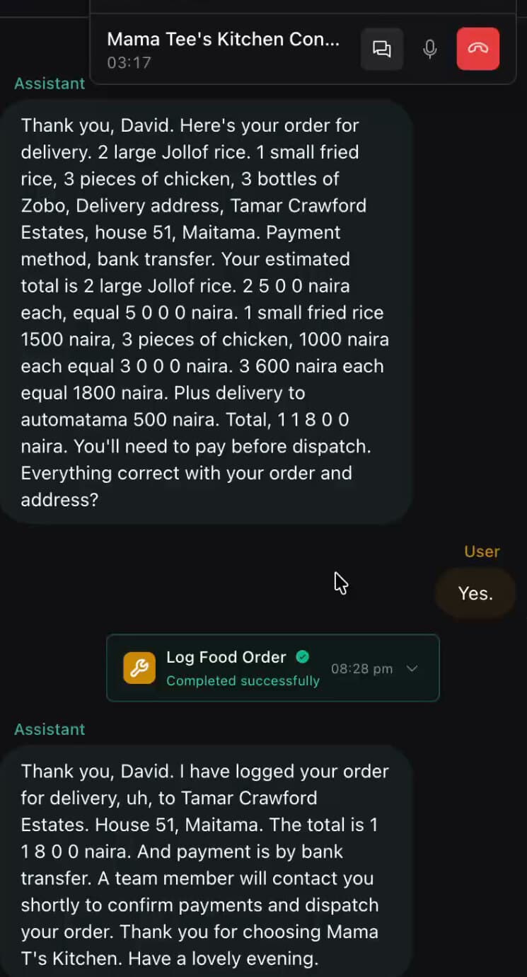 The end of the test call: confirmation, the food-order tool returning success, and the closing message.
