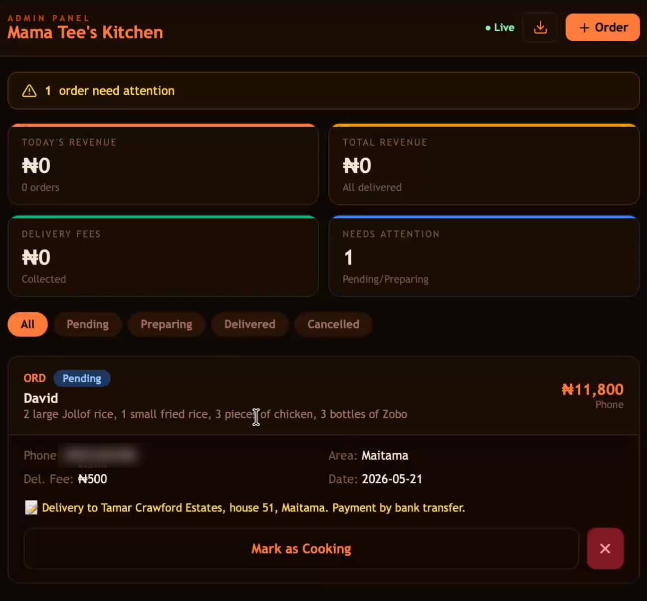 The order from the recorded call in the staff dashboard. The phone number is blurred.