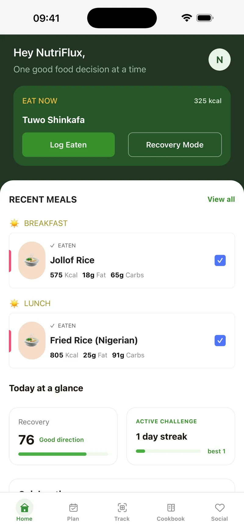 The app: today's targets and meals.