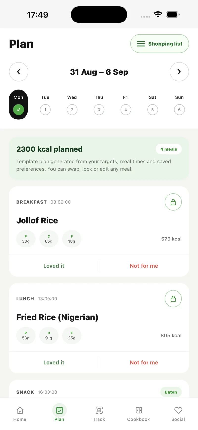 The app: meal plan.
