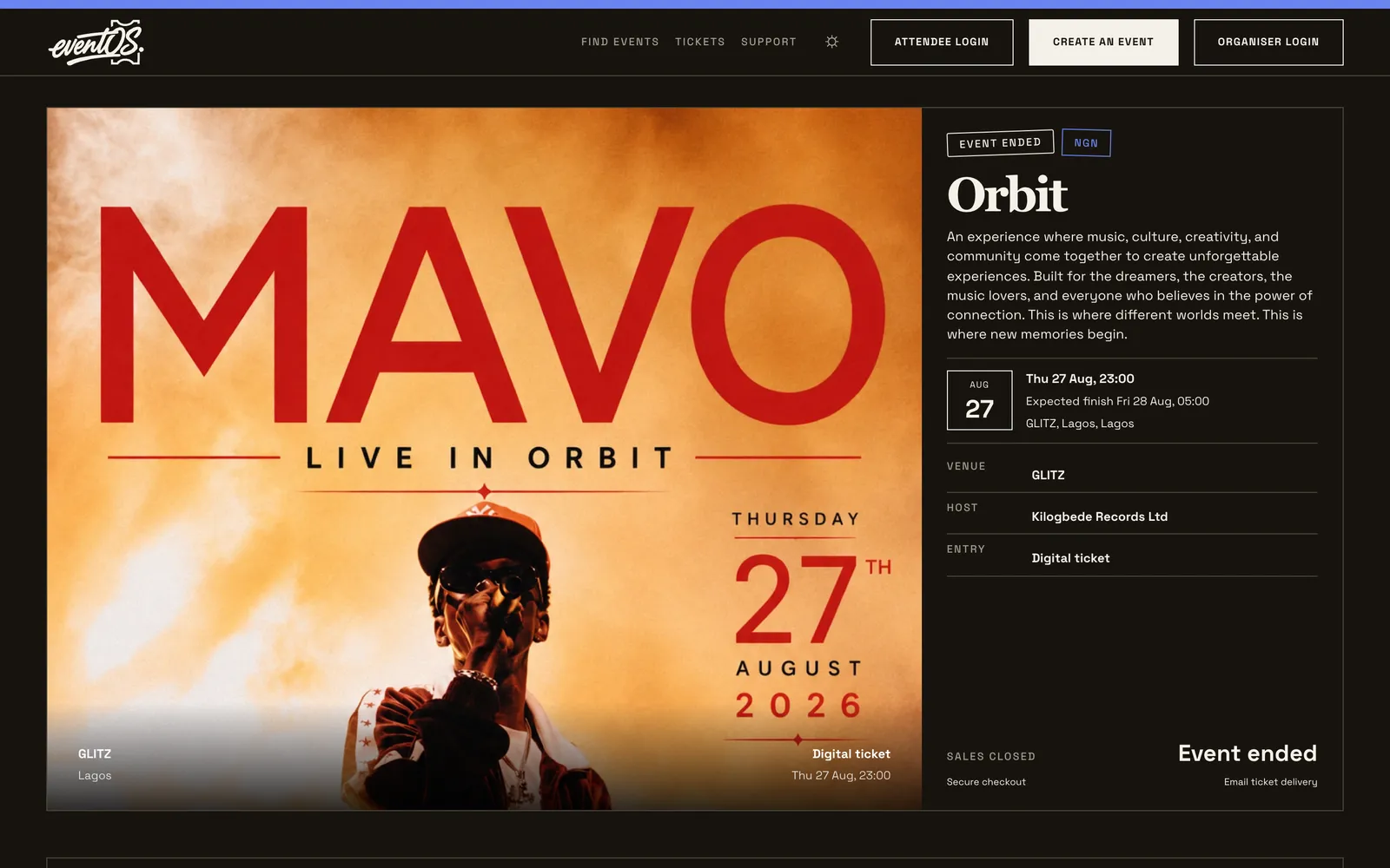 A public event page with its ticket and venue details.
