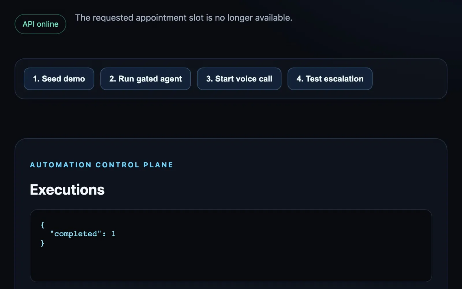 A second request for the same slot is refused.