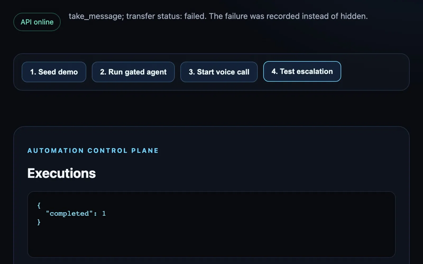 A failed transfer falls back to taking a message, and the failure is recorded.