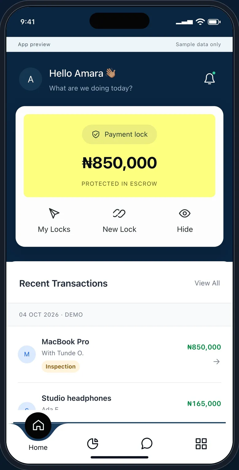 Interactive demo: the home screen with a payment lock in escrow.