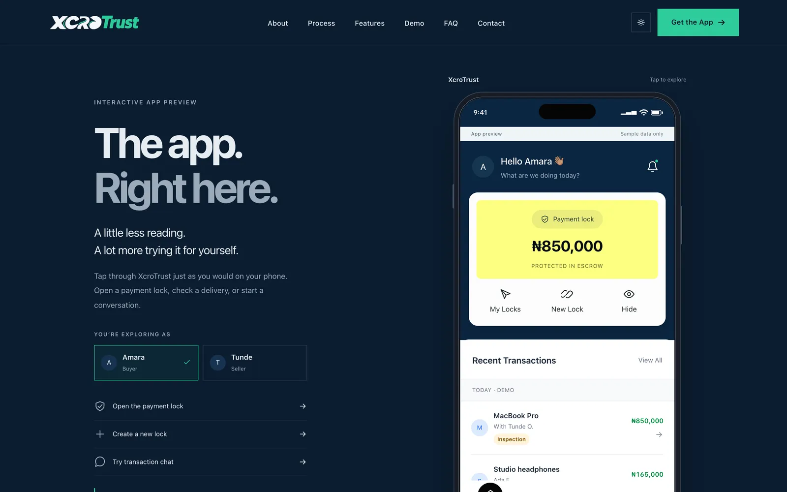 The interactive demo on the live site, where a visitor can play buyer and seller.