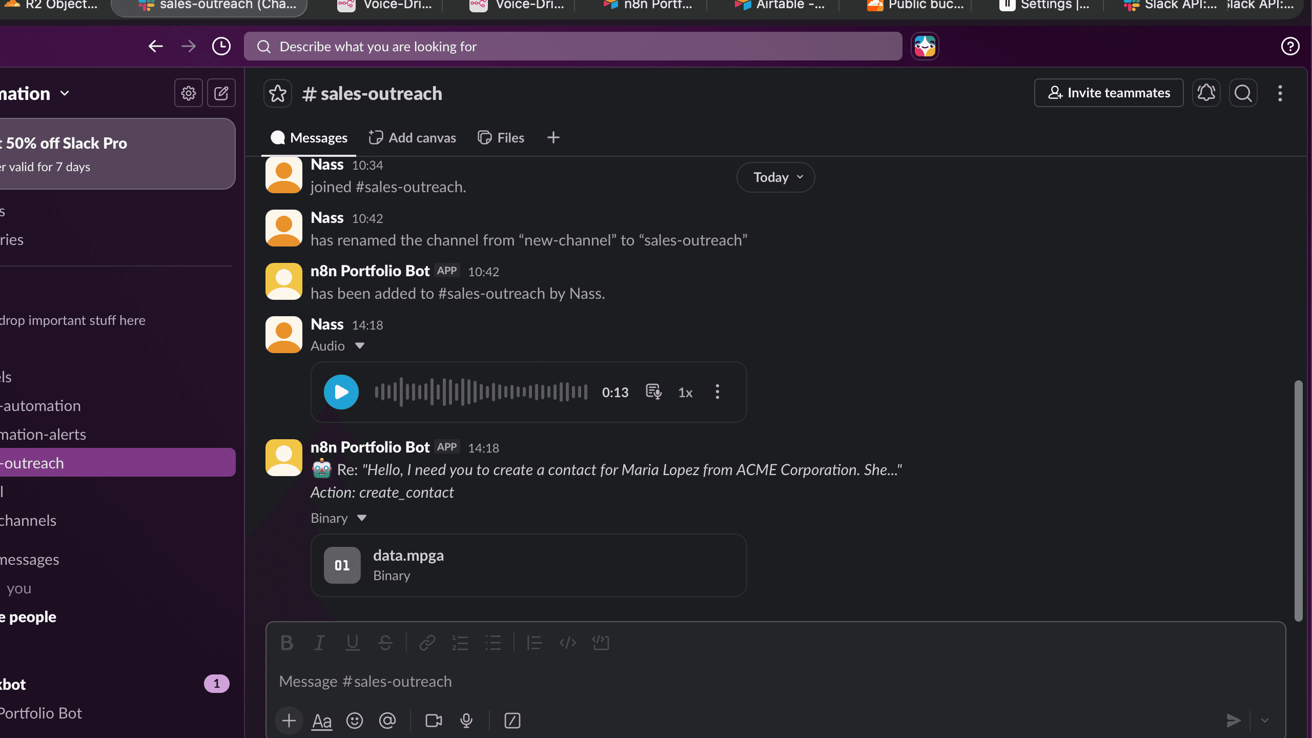 Slack conversation: voice note from user triggers the pipeline — bot replies with the CRM action taken (create_contact dispatched).
