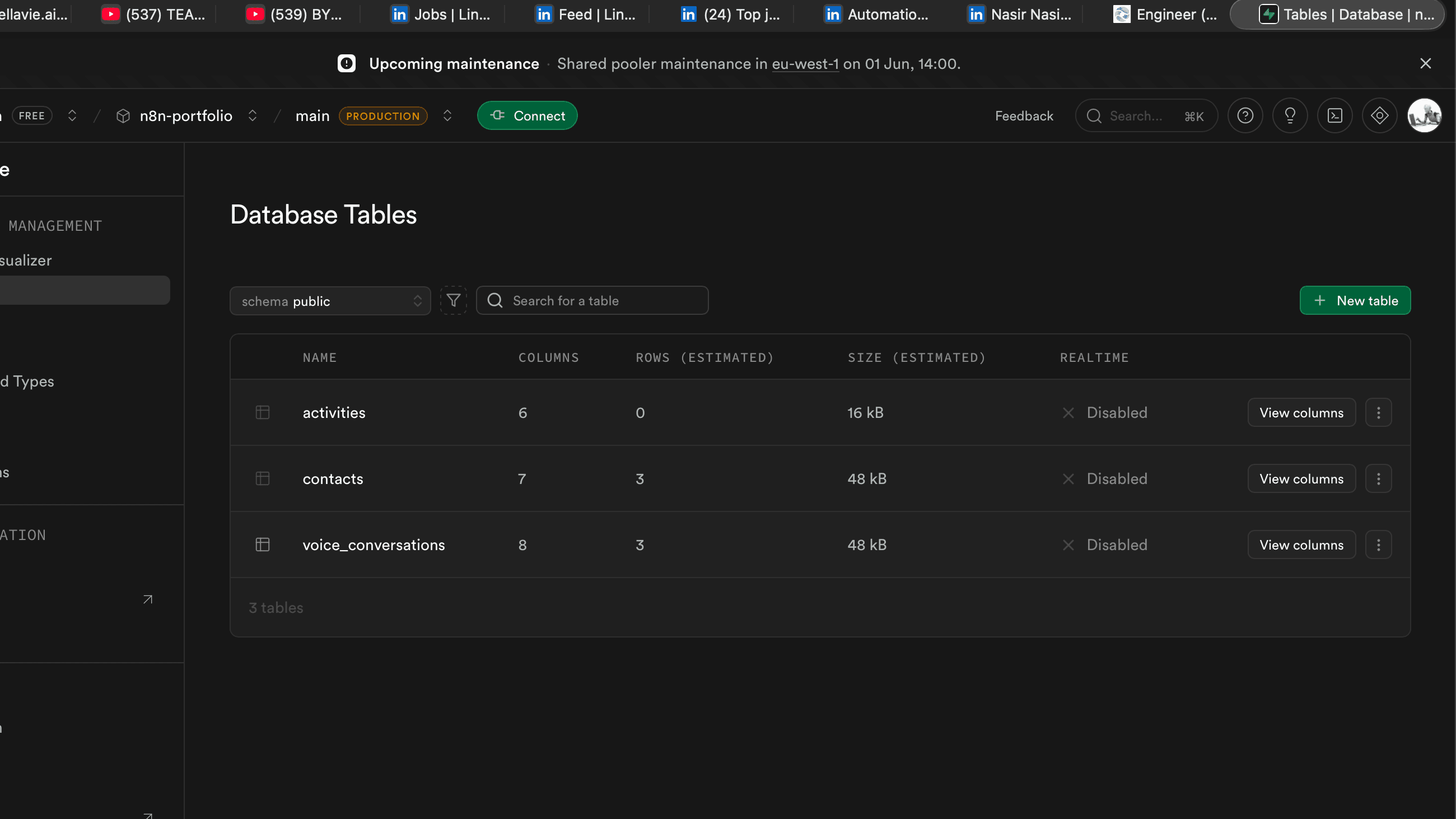 Supabase database tables — activities, contacts, and voice_conversations storing the 10-turn short-term memory per user.