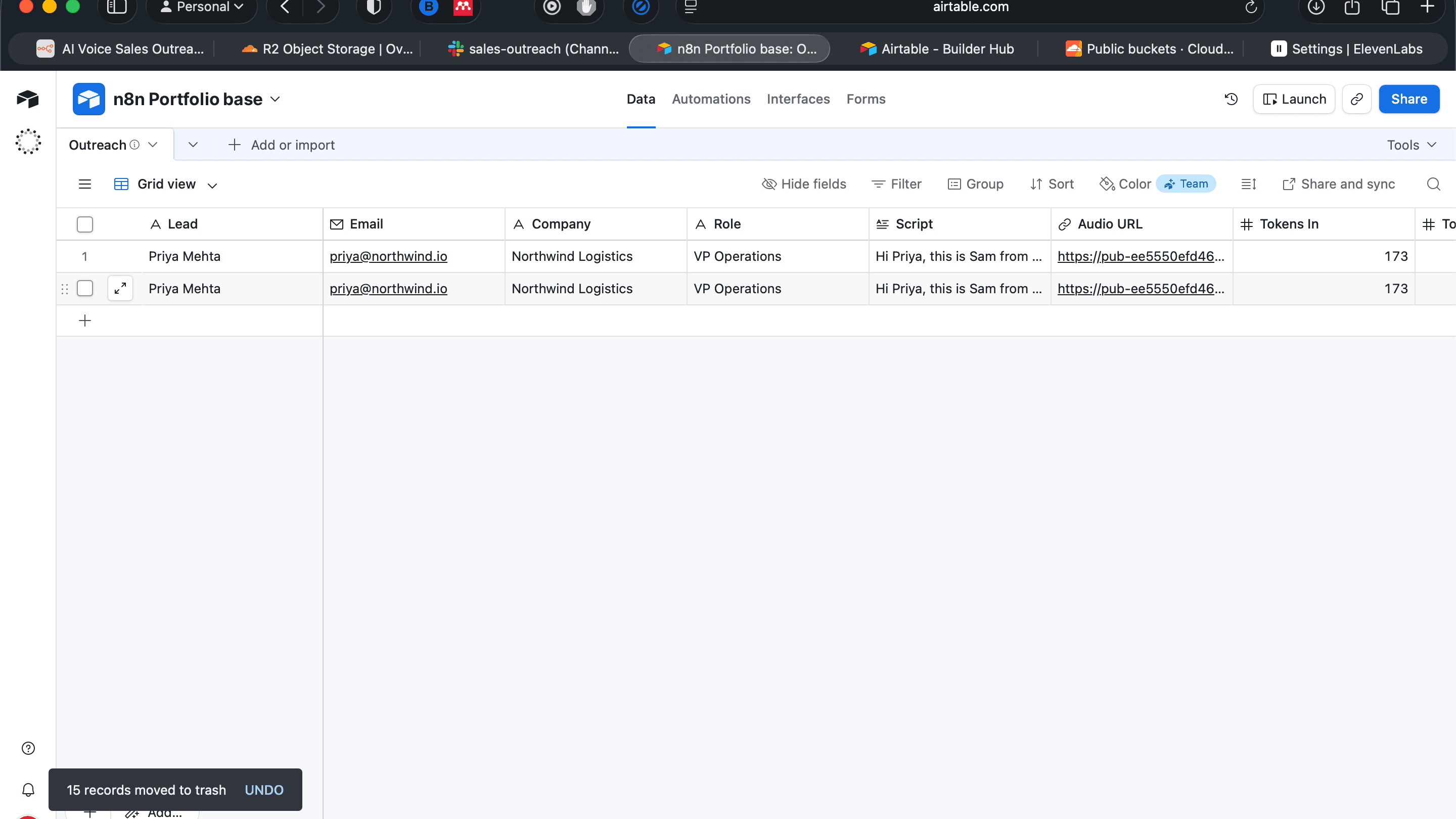Airtable Outreach log — lead name, company, role, script preview, audio URL, and token usage per execution.