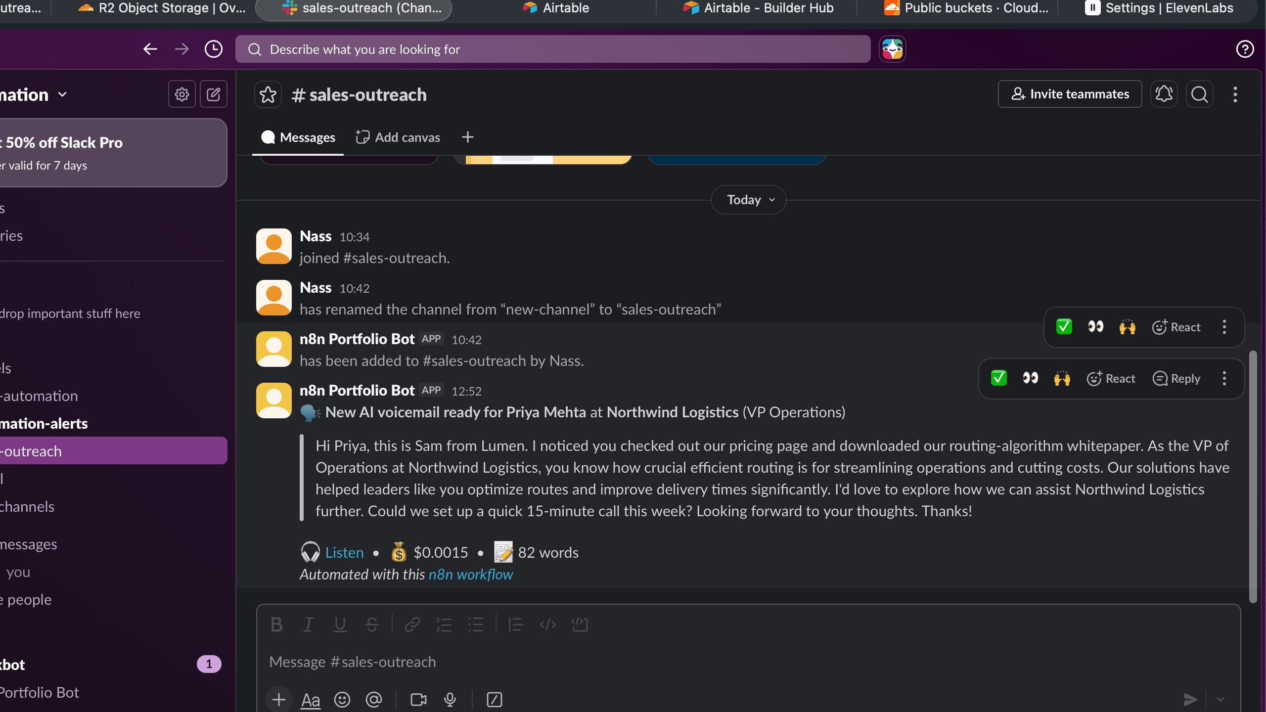 Slack notification in #sales-outreach showing the generated voicemail, word count, and per-execution cost telemetry.